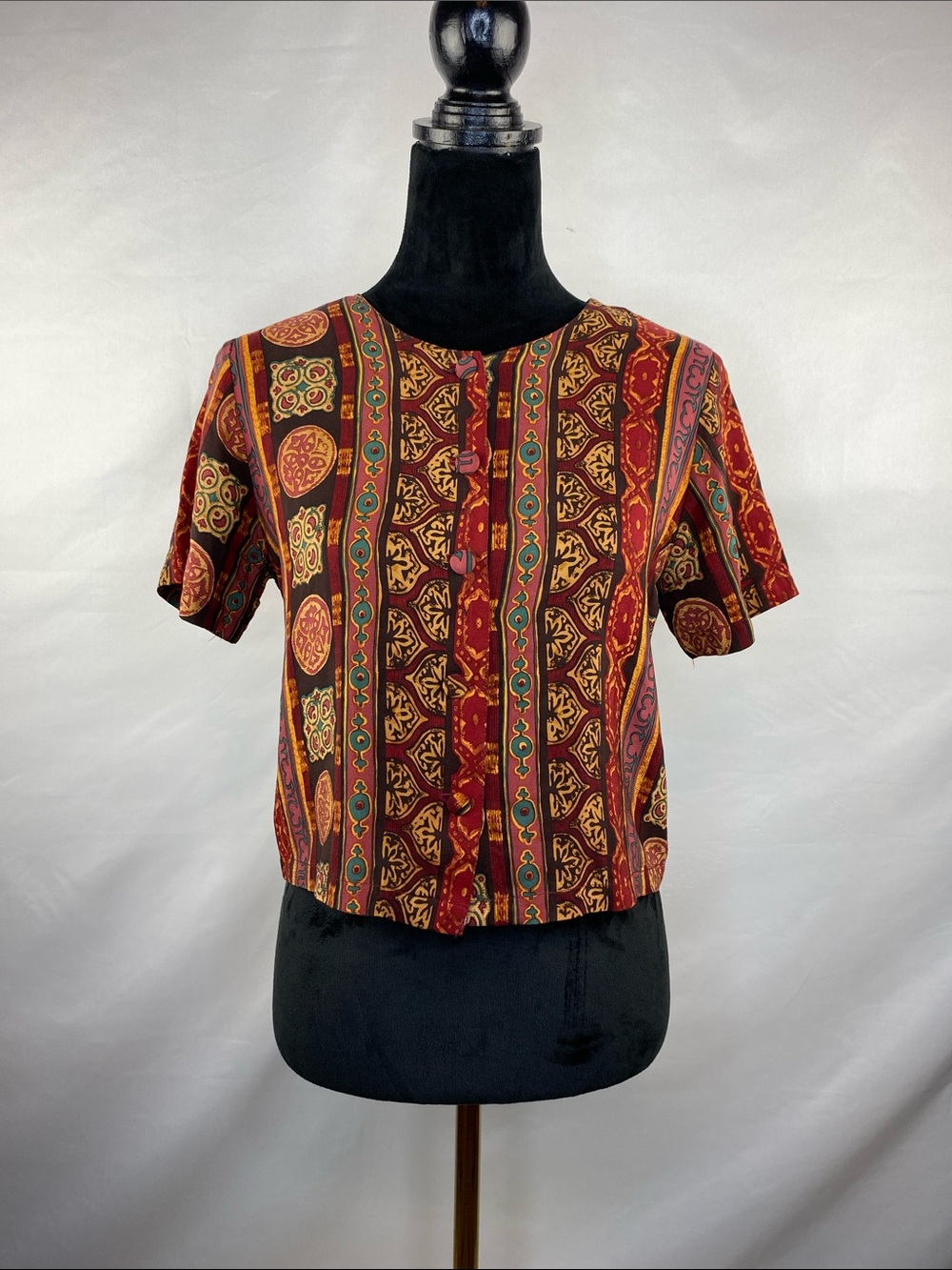 Vintage Duc Loi 100% Silk Vietnamese Artisan Print Button Front Blouse
